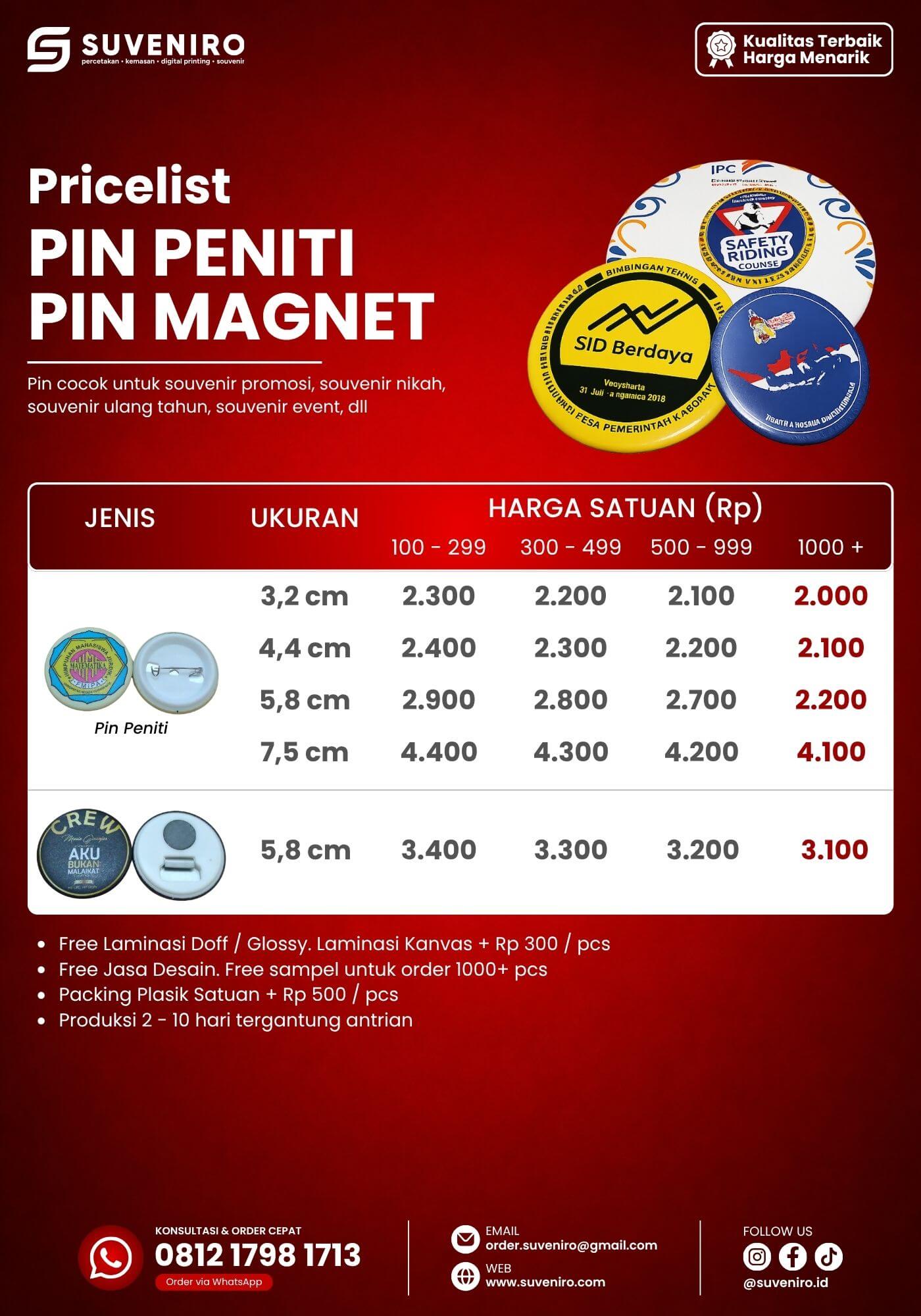 Pricelist Pin Peniti dan Pin Magnet Suveniro 2026